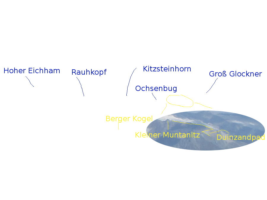 Berger Kogel in de diepte, en ook een mooi stuk van de route naar de Kleiner Muntanitz is zichtbaar