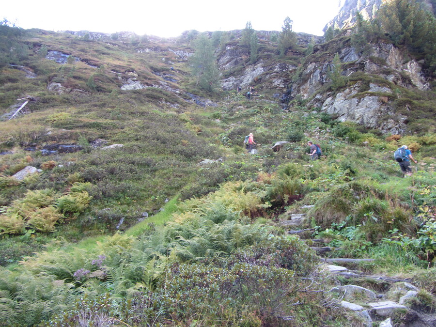 Aan het eind van het dal omhoog, met een boel mensen die de Gletscherweg deden