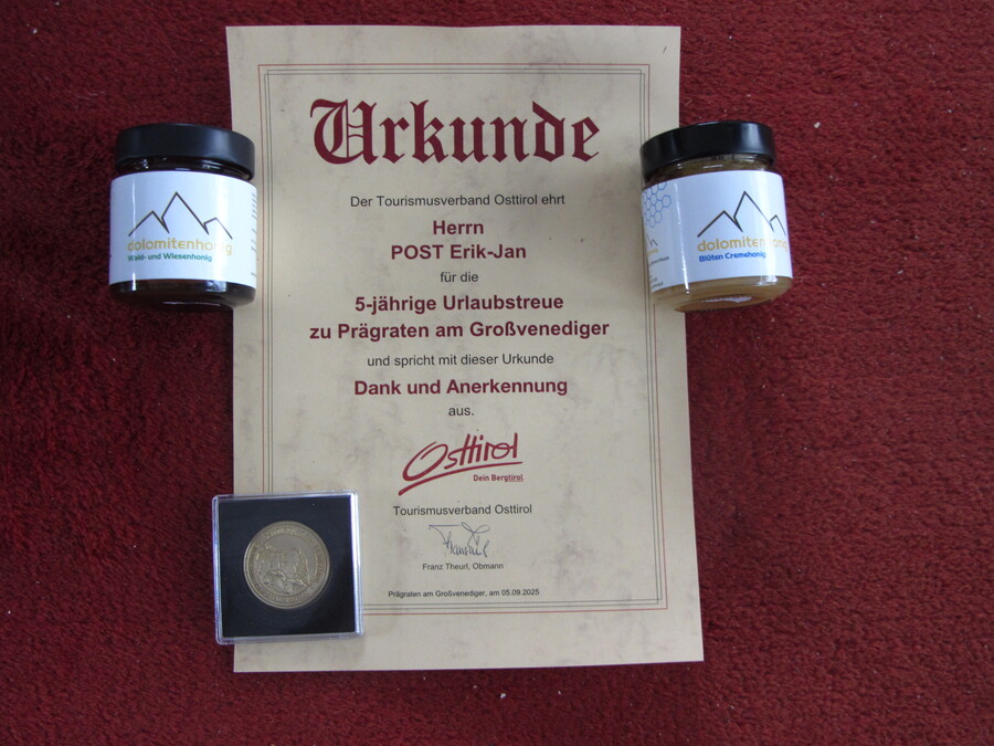Vanwege mijn vijfde bezoek aan Prägraten kreeg ik ook nog een diploma